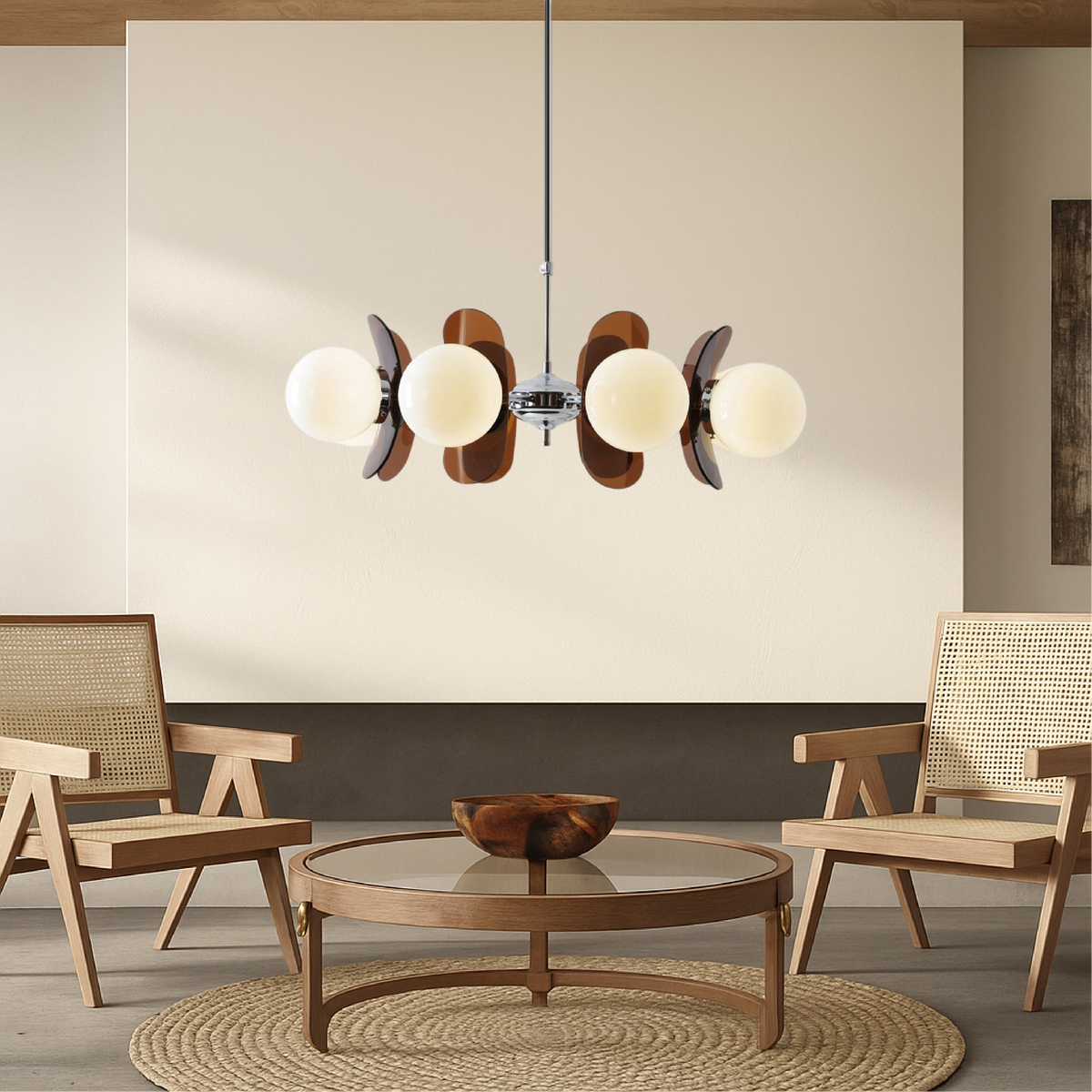 A geometric globe chandelier in a minimalist dining space.