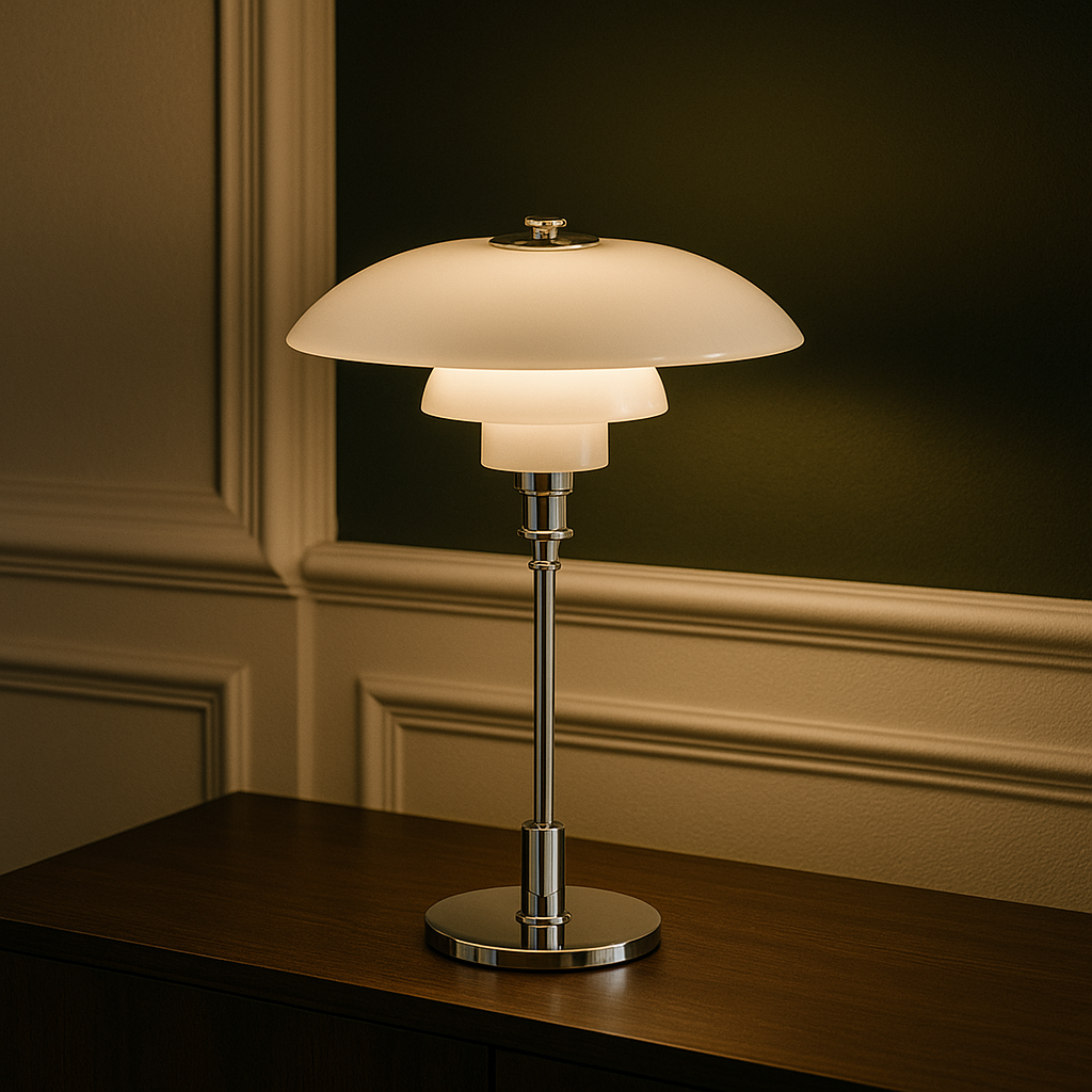 Glass table lamp with polished iron base on a side table