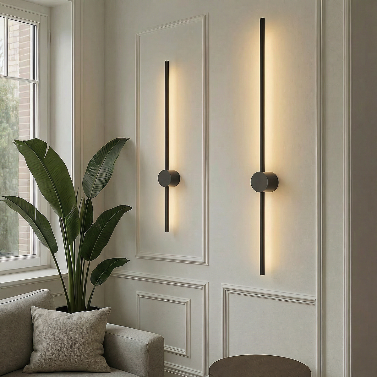 Linear wall light beside a bed