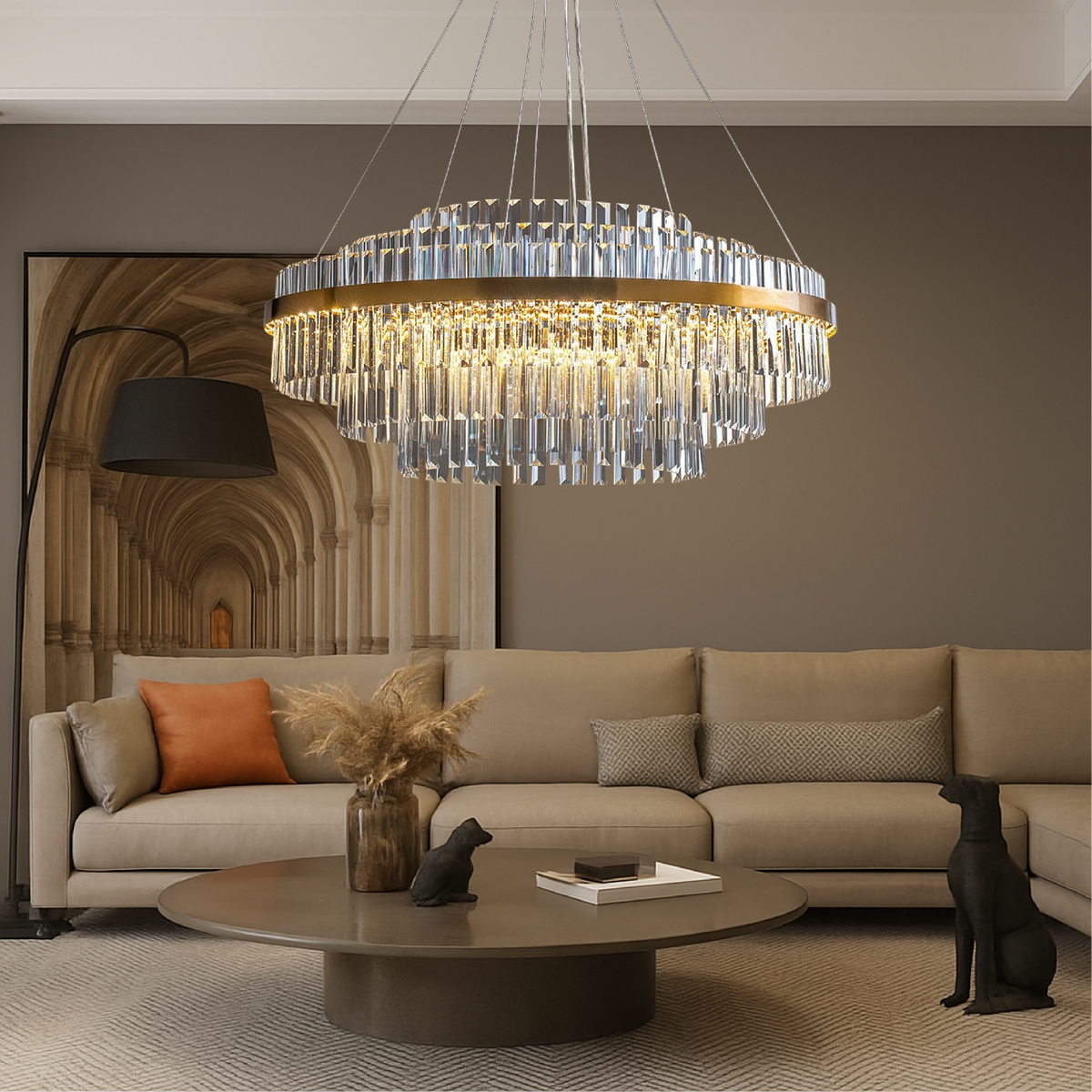 Crystal chandelier above a formal dining table